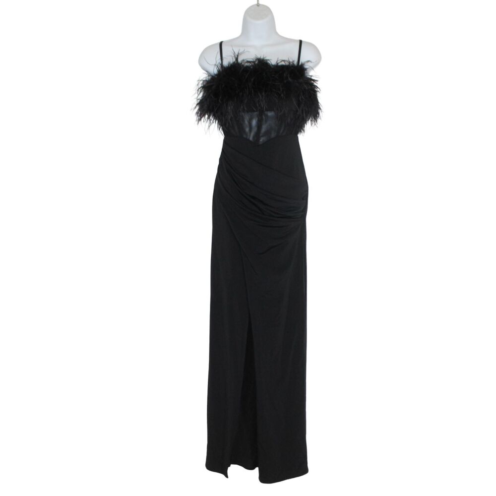 Dear Moon women's black formal gown size 1 stretch feather neckline corset ruche - Picture 2 of 15